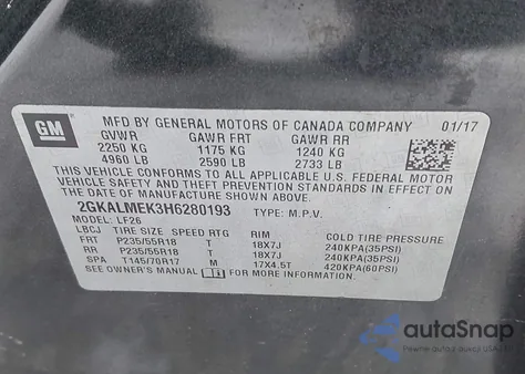 2017 GMC Terrain Sle-1 из США, поврежденный, VIN 2GKALMEK3H6280193